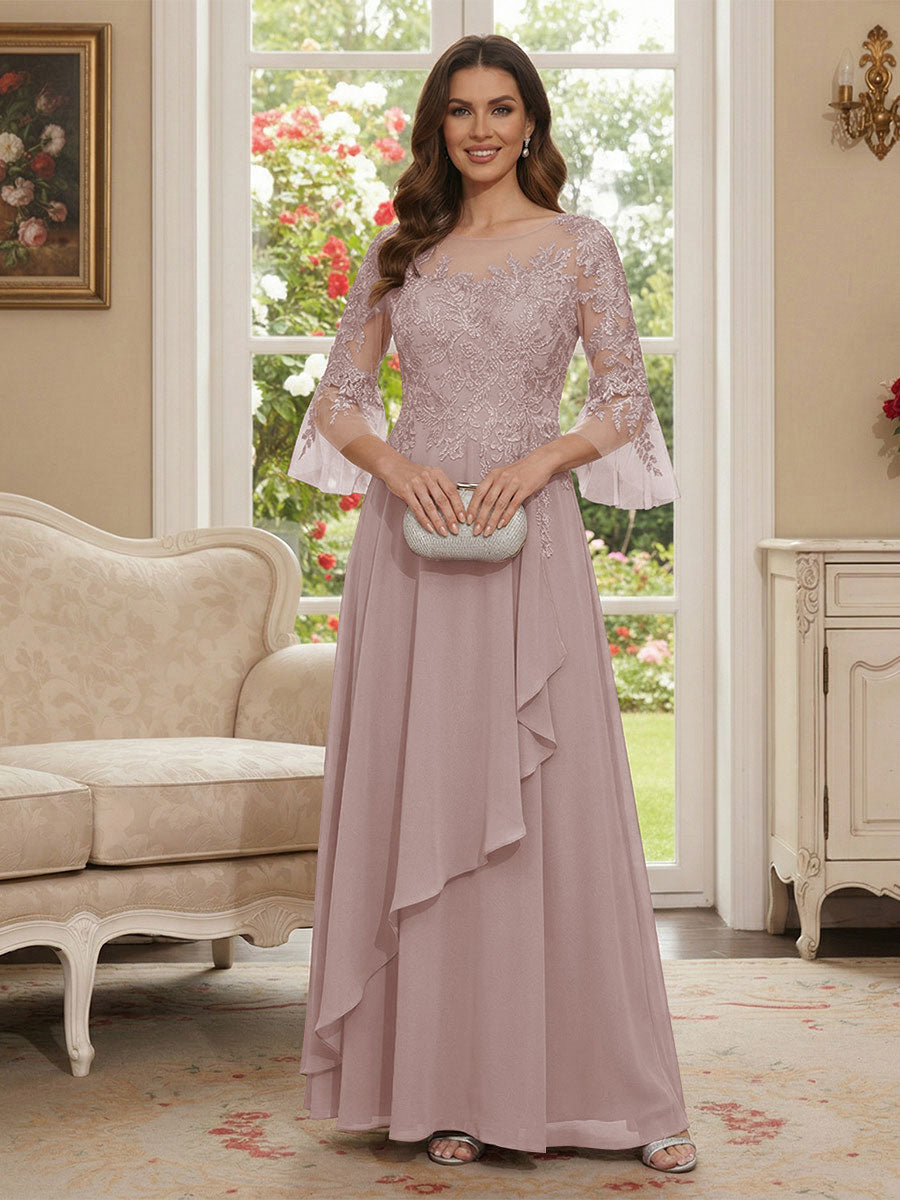 A-Line/Princess V-Neck 3/4 Sleeves Floor-Length Mother of the Bride Dresses with Lace &amp; Applique