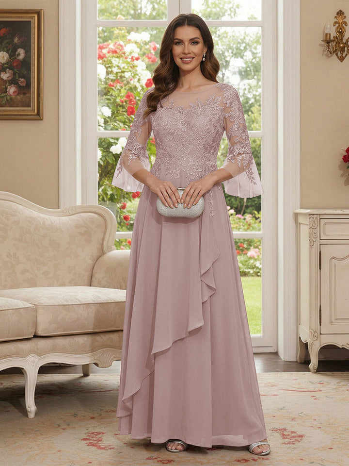 A-Line/Princess V-Neck 3/4 Sleeves Floor-Length Mother of the Bride Dresses with Lace &amp; Applique