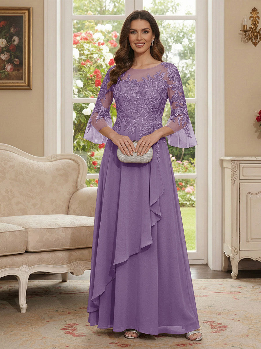 A-Line/Princess V-Neck 3/4 Sleeves Floor-Length Mother of the Bride Dresses with Lace &amp; Applique