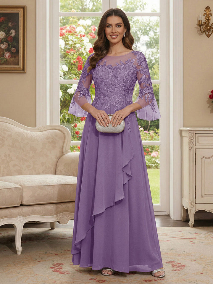A-Line/Princess V-Neck 3/4 Sleeves Floor-Length Mother of the Bride Dresses with Lace &amp; Applique
