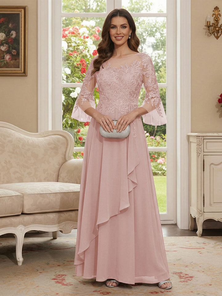 A-Line/Princess V-Neck 3/4 Sleeves Floor-Length Mother of the Bride Dresses with Lace &amp; Applique