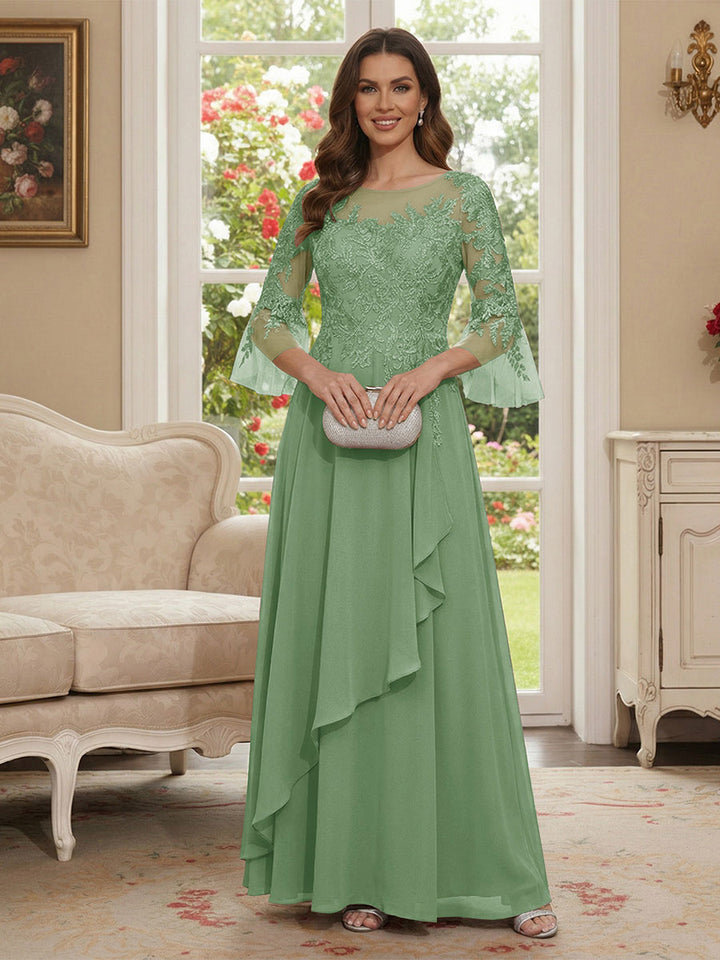 A-Line/Princess V-Neck 3/4 Sleeves Floor-Length Mother of the Bride Dresses with Lace &amp; Applique