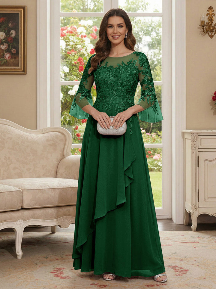 A-Line/Princess V-Neck 3/4 Sleeves Floor-Length Mother of the Bride Dresses with Lace &amp; Applique