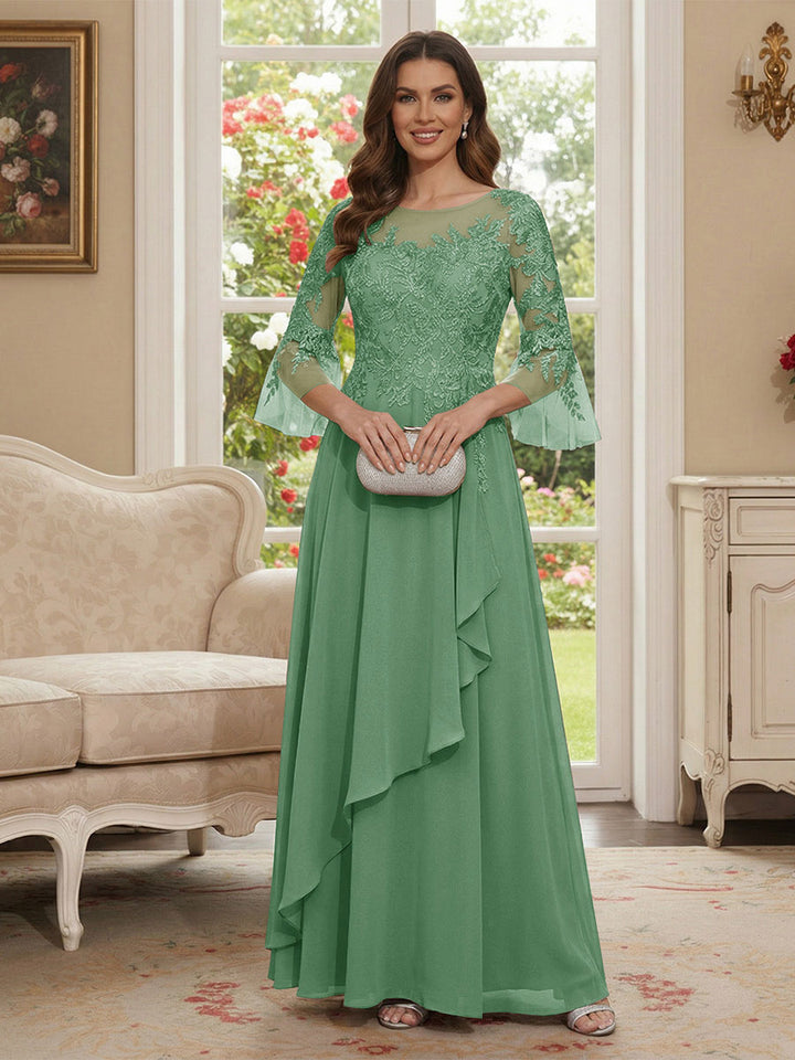 A-Line/Princess V-Neck 3/4 Sleeves Floor-Length Mother of the Bride Dresses with Lace &amp; Applique