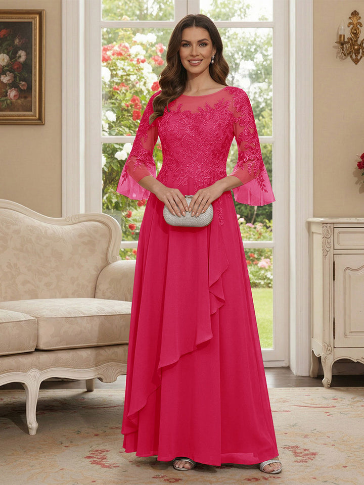 A-Line/Princess V-Neck 3/4 Sleeves Floor-Length Mother of the Bride Dresses with Lace &amp; Applique