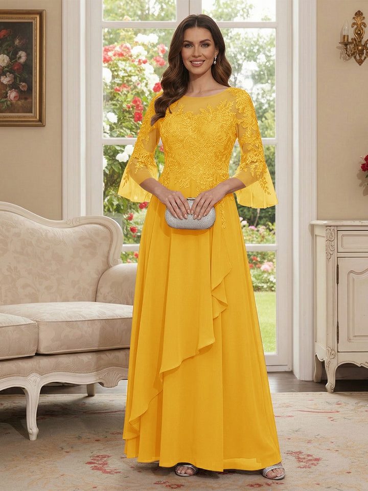 A-Line/Princess V-Neck 3/4 Sleeves Floor-Length Mother of the Bride Dresses with Lace &amp; Applique