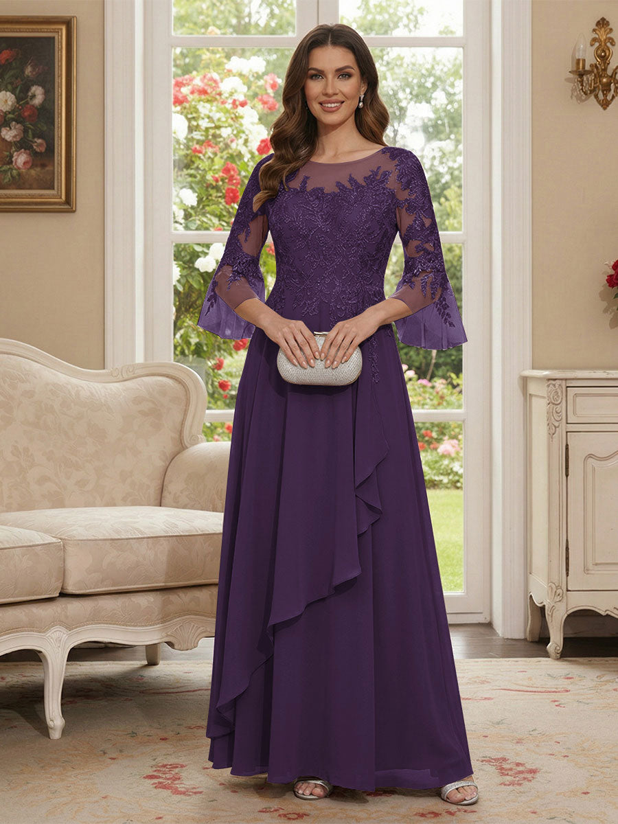 A-Line/Princess V-Neck 3/4 Sleeves Floor-Length Mother of the Bride Dresses with Lace &amp; Applique