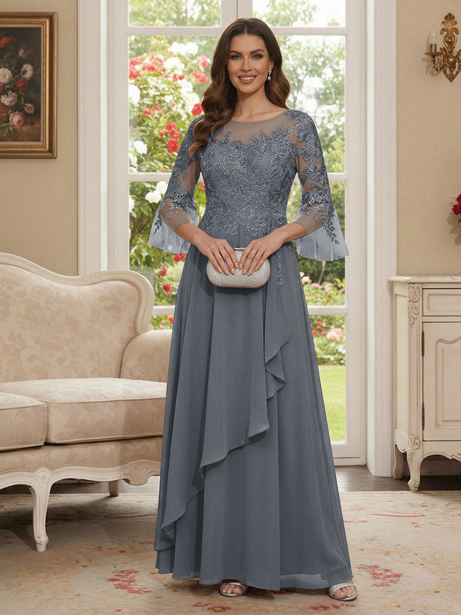 A-Line/Princess V-Neck 3/4 Sleeves Floor-Length Mother of the Bride Dresses with Lace &amp; Applique