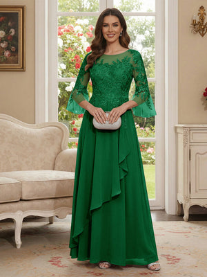 A-Line/Princess V-Neck 3/4 Sleeves Floor-Length Mother of the Bride Dresses with Lace & Applique