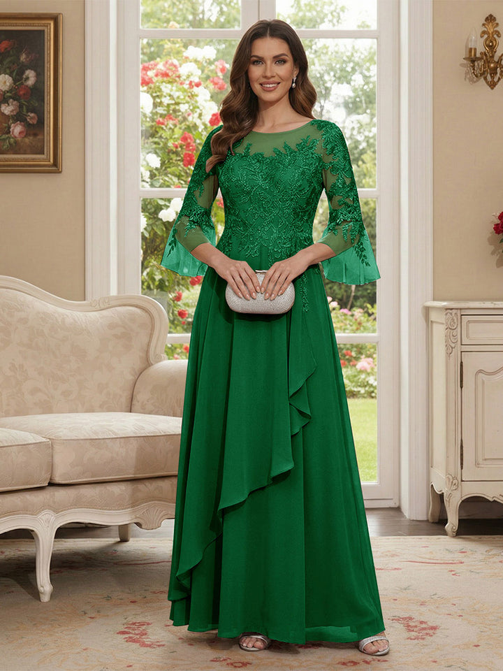 A-Line/Princess V-Neck 3/4 Sleeves Floor-Length Mother of the Bride Dresses with Lace &amp; Applique