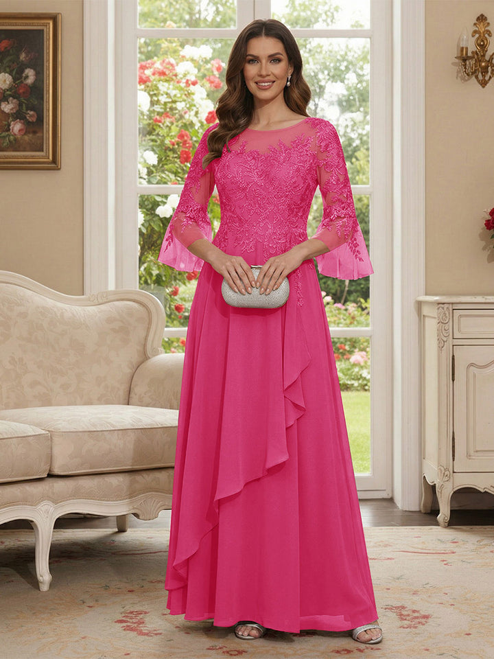 A-Line/Princess V-Neck 3/4 Sleeves Floor-Length Mother of the Bride Dresses with Lace &amp; Applique