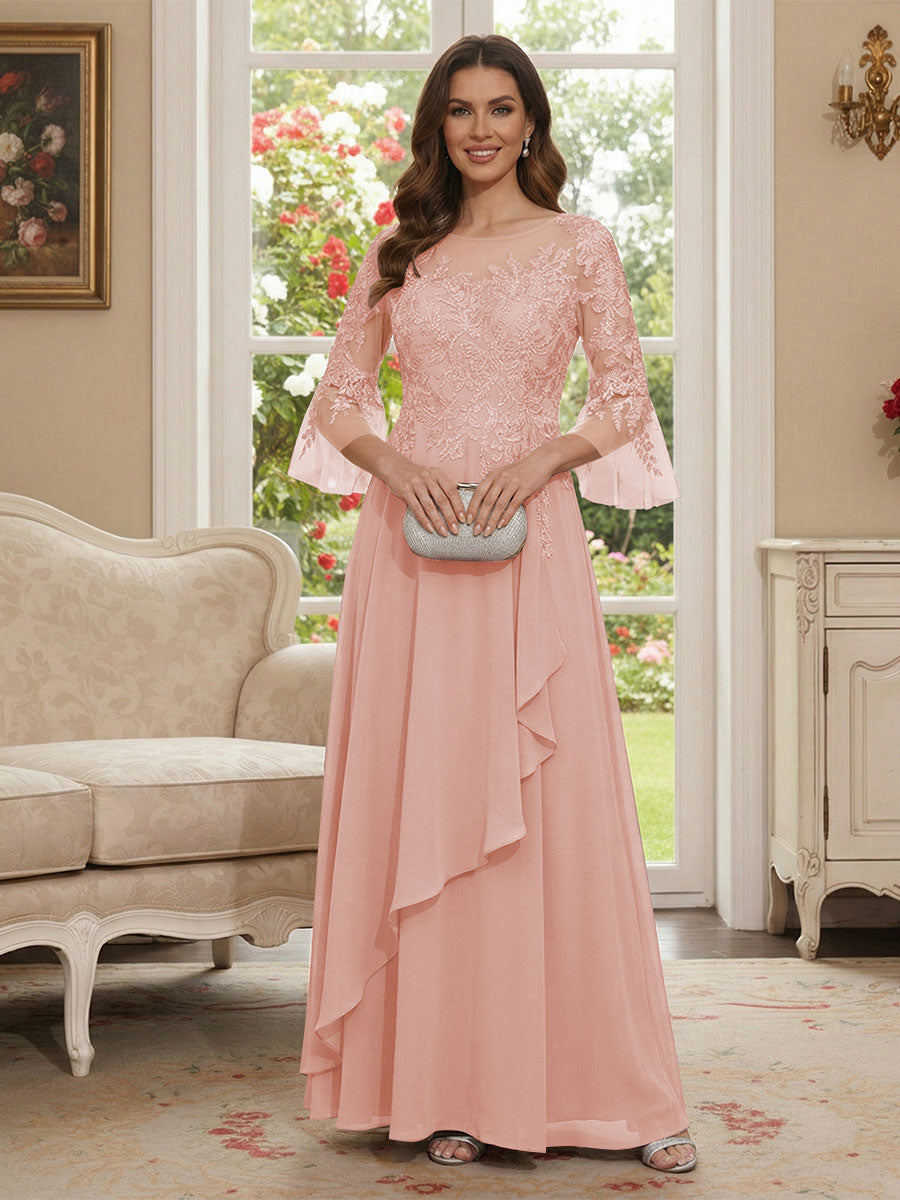 A-Line/Princess V-Neck 3/4 Sleeves Floor-Length Mother of the Bride Dresses with Lace &amp; Applique