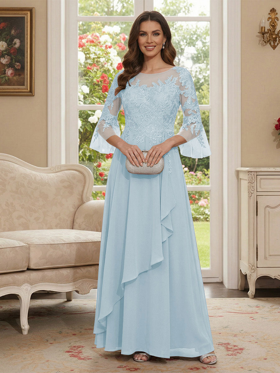 A-Line/Princess V-Neck 3/4 Sleeves Floor-Length Mother of the Bride Dresses with Lace &amp; Applique