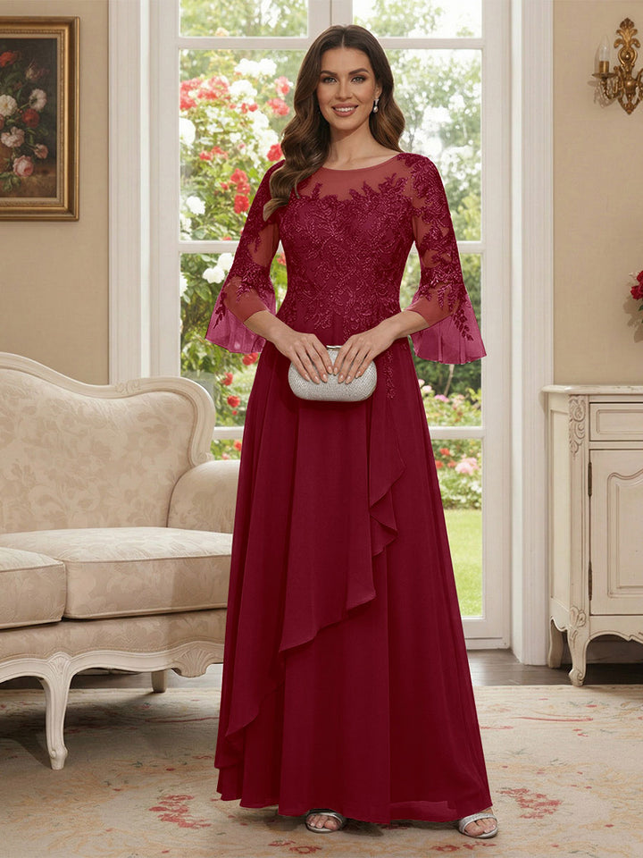 A-Line/Princess V-Neck 3/4 Sleeves Floor-Length Mother of the Bride Dresses with Lace &amp; Applique