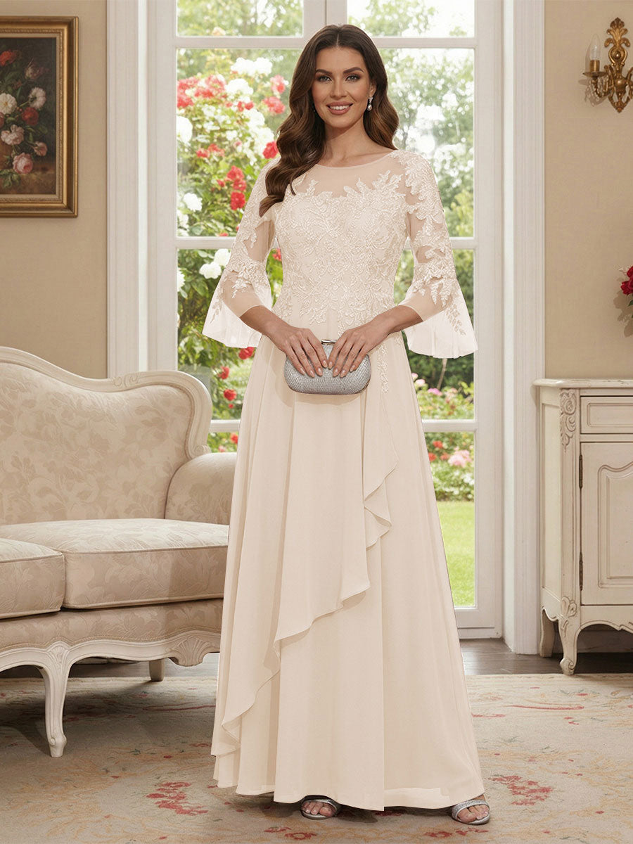 A-Line/Princess V-Neck 3/4 Sleeves Floor-Length Mother of the Bride Dresses with Lace &amp; Applique