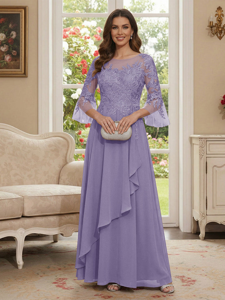 A-Line/Princess V-Neck 3/4 Sleeves Floor-Length Mother of the Bride Dresses with Lace &amp; Applique