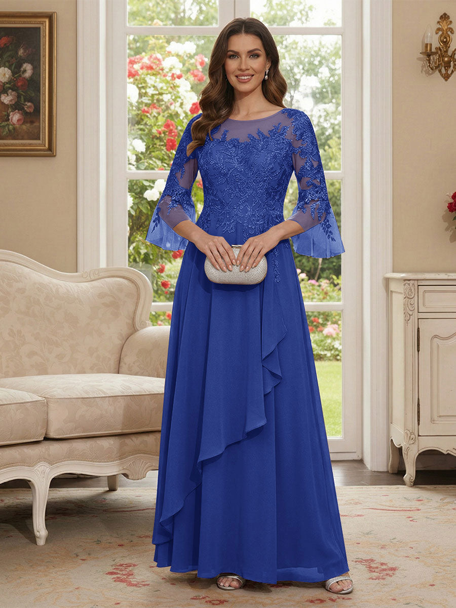 A-Line/Princess V-Neck 3/4 Sleeves Floor-Length Mother of the Bride Dresses with Lace &amp; Applique