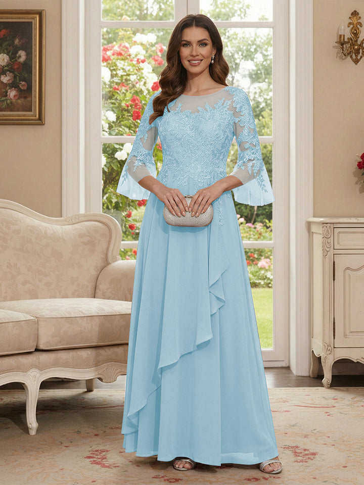 A-Line/Princess V-Neck 3/4 Sleeves Floor-Length Mother of the Bride Dresses with Lace &amp; Applique