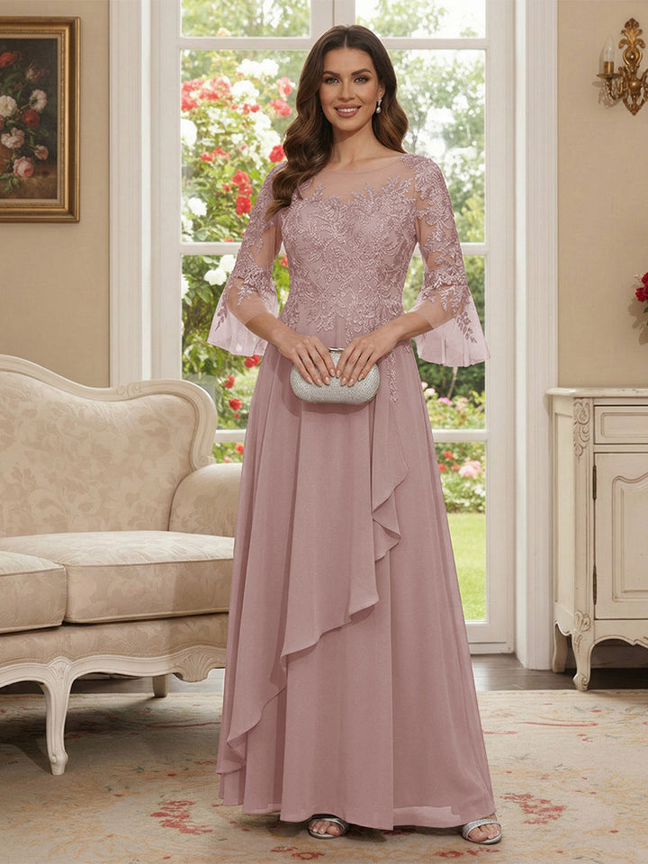 A-Line/Princess V-Neck 3/4 Sleeves Floor-Length Mother of the Bride Dresses with Lace &amp; Applique