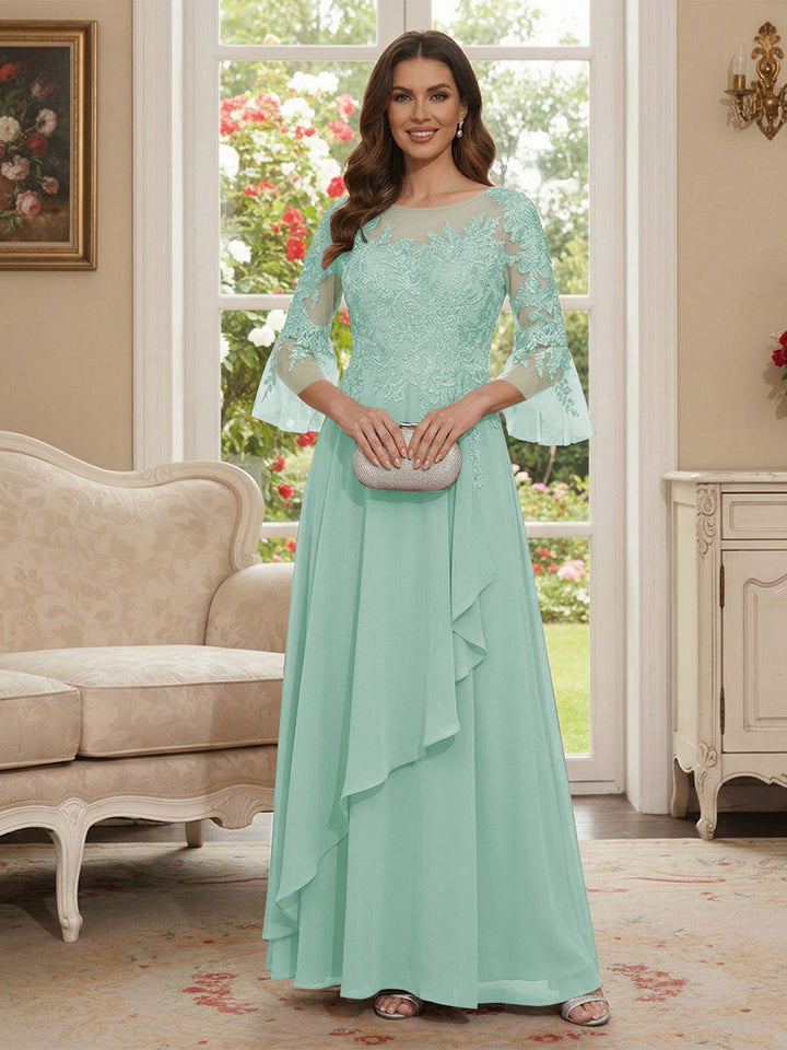 A-Line/Princess V-Neck 3/4 Sleeves Floor-Length Mother of the Bride Dresses with Lace &amp; Applique