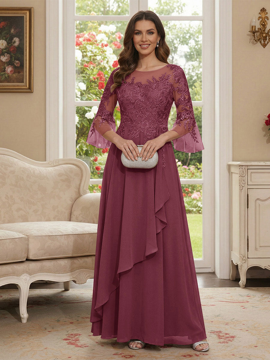 A-Line/Princess V-Neck 3/4 Sleeves Floor-Length Mother of the Bride Dresses with Lace &amp; Applique