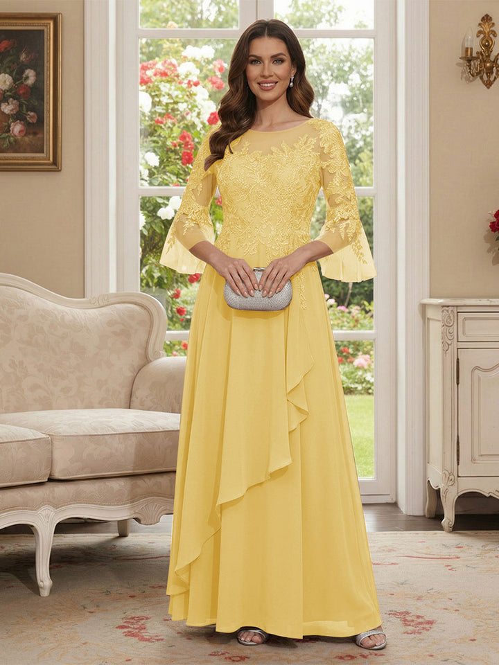 A-Line/Princess V-Neck 3/4 Sleeves Floor-Length Mother of the Bride Dresses with Lace &amp; Applique