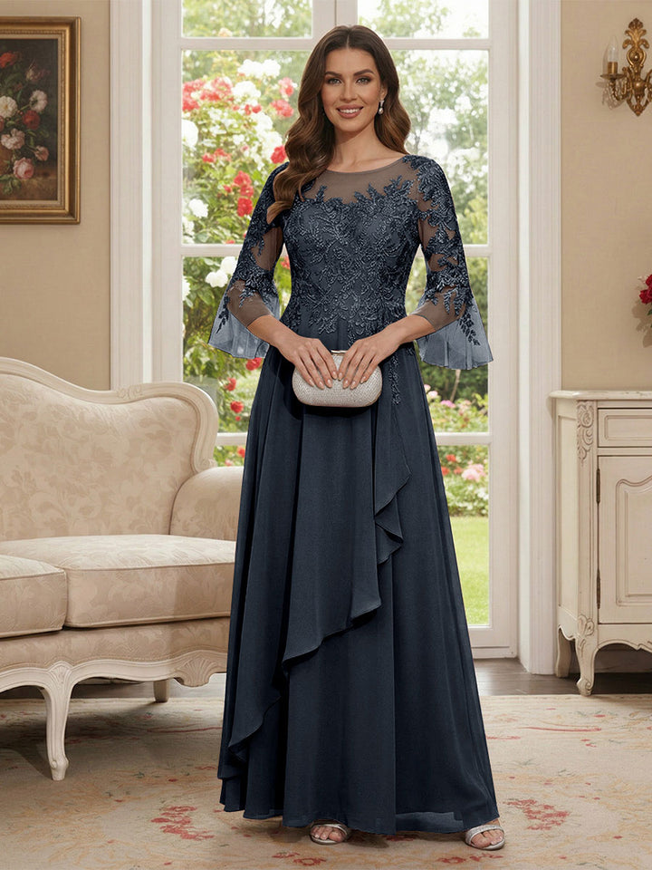 A-Line/Princess V-Neck 3/4 Sleeves Floor-Length Mother of the Bride Dresses with Lace &amp; Applique