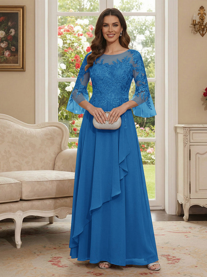 A-Line/Princess V-Neck 3/4 Sleeves Floor-Length Mother of the Bride Dresses with Lace &amp; Applique