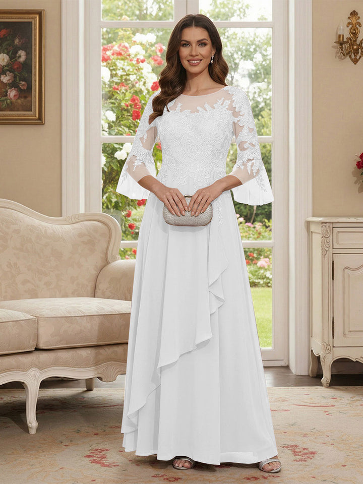 A-Line/Princess V-Neck 3/4 Sleeves Floor-Length Mother of the Bride Dresses with Lace &amp; Applique