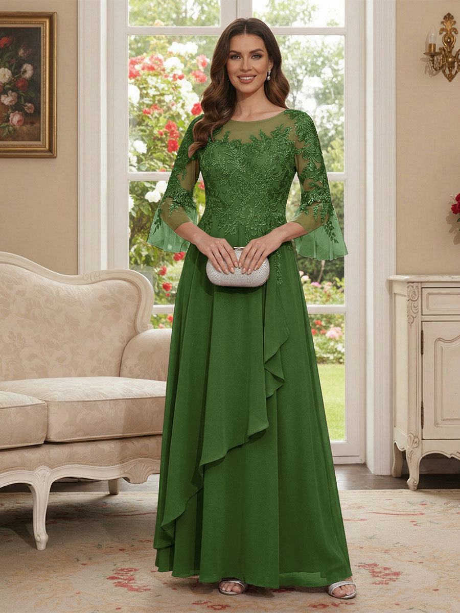 A-Line/Princess V-Neck 3/4 Sleeves Floor-Length Mother of the Bride Dresses with Lace &amp; Applique
