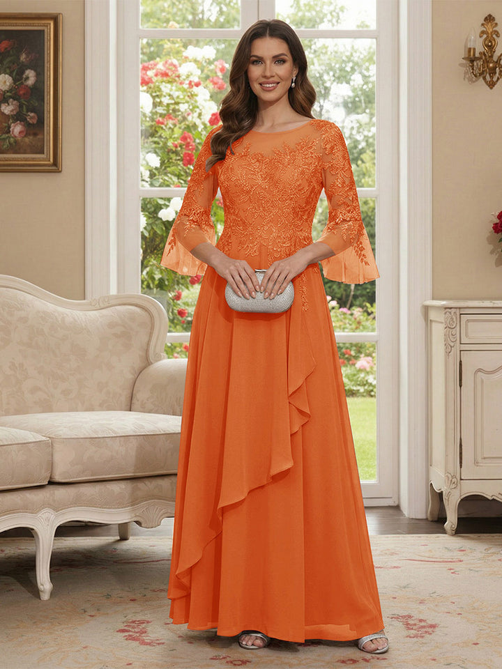 A-Line/Princess V-Neck 3/4 Sleeves Floor-Length Mother of the Bride Dresses with Lace &amp; Applique