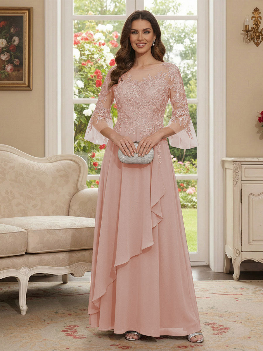 A-Line/Princess V-Neck 3/4 Sleeves Floor-Length Mother of the Bride Dresses with Lace &amp; Applique