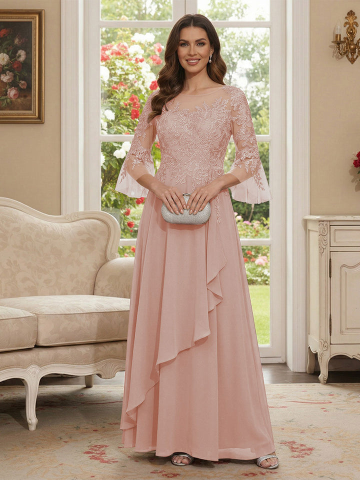 A-Line/Princess V-Neck 3/4 Sleeves Floor-Length Mother of the Bride Dresses with Lace &amp; Applique
