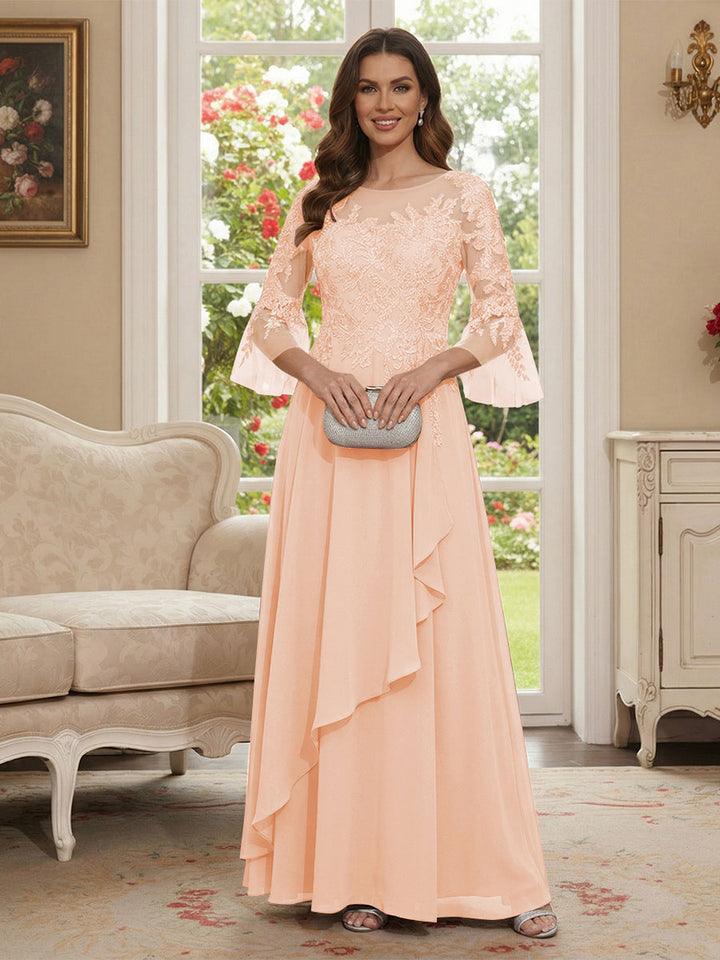 A-Line/Princess V-Neck 3/4 Sleeves Floor-Length Mother of the Bride Dresses with Lace &amp; Applique