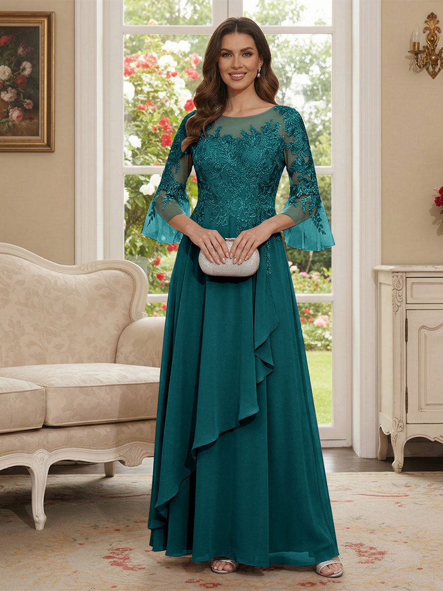 A-Line/Princess V-Neck 3/4 Sleeves Floor-Length Mother of the Bride Dresses with Lace &amp; Applique
