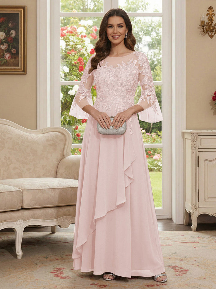 A-Line/Princess V-Neck 3/4 Sleeves Floor-Length Mother of the Bride Dresses with Lace &amp; Applique