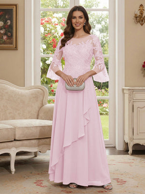 A-Line/Princess V-Neck 3/4 Sleeves Floor-Length Mother of the Bride Dresses with Lace & Applique