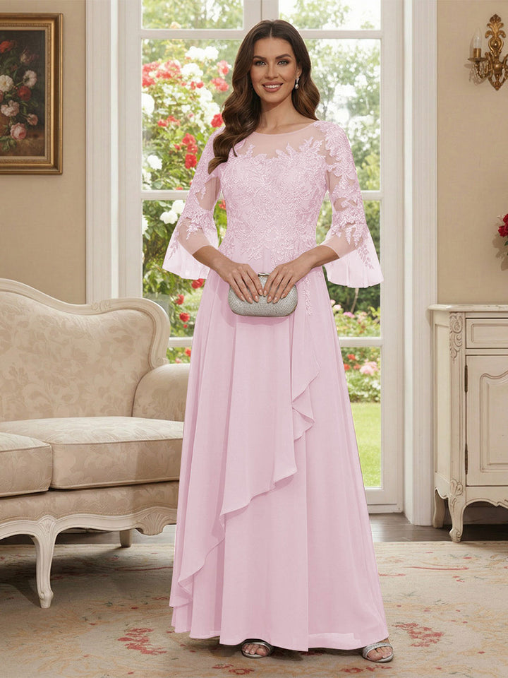 A-Line/Princess V-Neck 3/4 Sleeves Floor-Length Mother of the Bride Dresses with Lace &amp; Applique