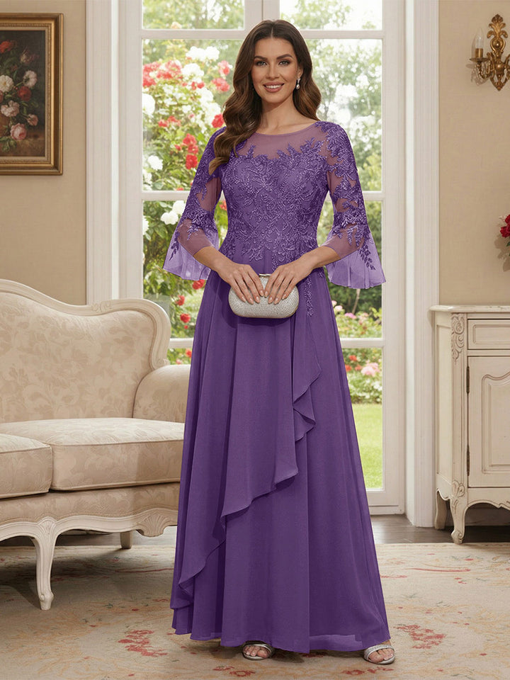 A-Line/Princess V-Neck 3/4 Sleeves Floor-Length Mother of the Bride Dresses with Lace &amp; Applique