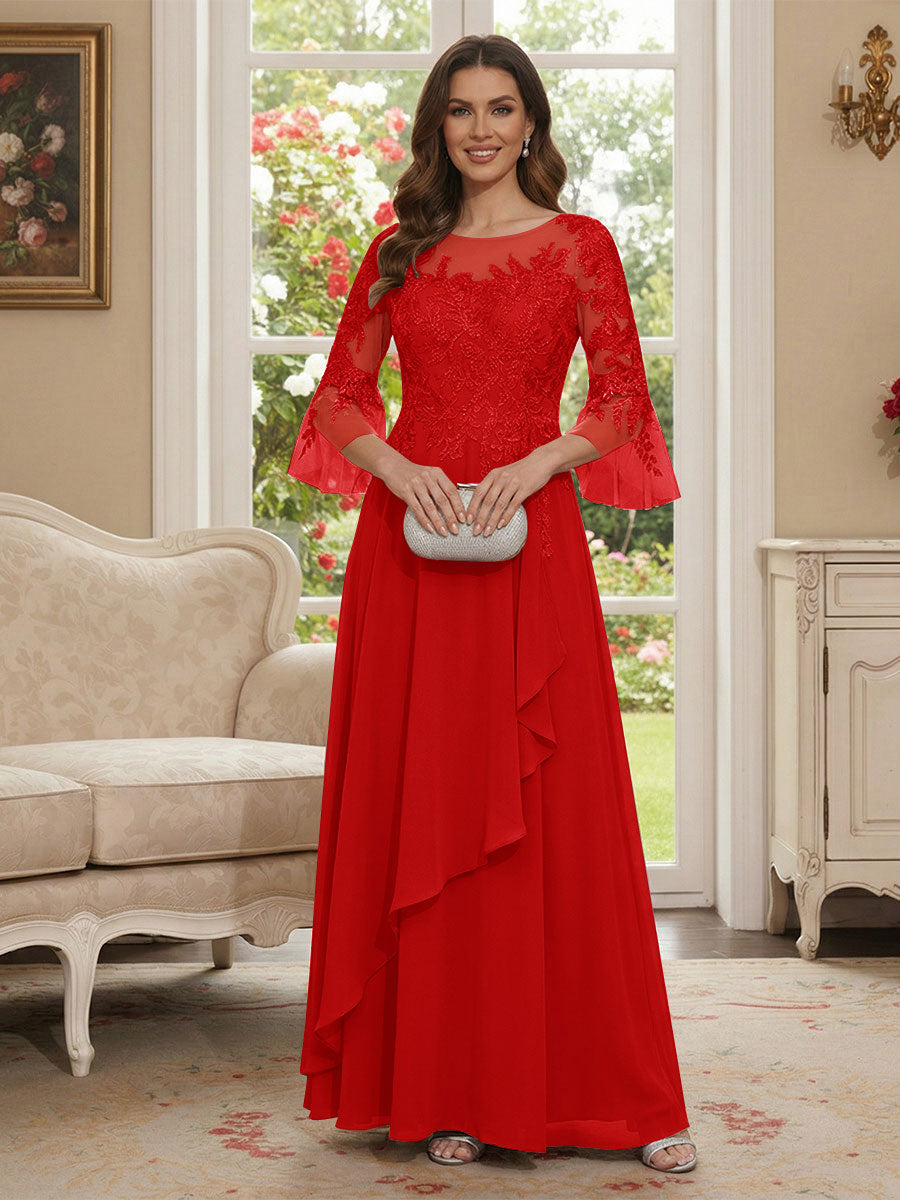 A-Line/Princess V-Neck 3/4 Sleeves Floor-Length Mother of the Bride Dresses with Lace &amp; Applique