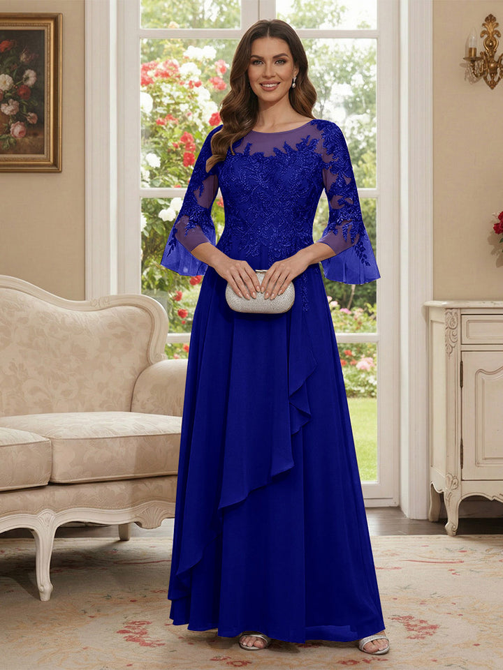 A-Line/Princess V-Neck 3/4 Sleeves Floor-Length Mother of the Bride Dresses with Lace &amp; Applique