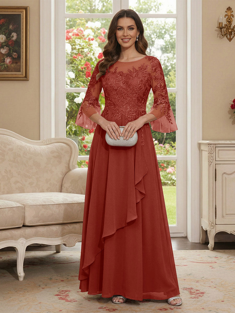 A-Line/Princess V-Neck 3/4 Sleeves Floor-Length Mother of the Bride Dresses with Lace &amp; Applique