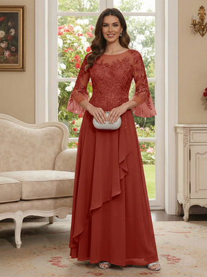A-Line/Princess V-Neck 3/4 Sleeves Floor-Length Mother of the Bride Dresses with Lace & Applique