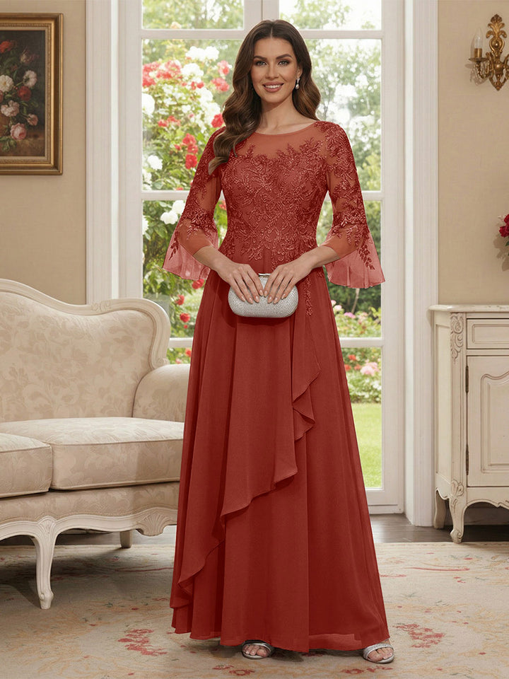 A-Line/Princess V-Neck 3/4 Sleeves Floor-Length Mother of the Bride Dresses with Lace &amp; Applique