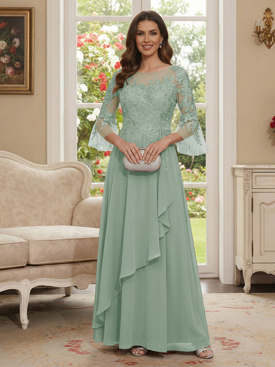 A-Line/Princess V-Neck 3/4 Sleeves Floor-Length Mother of the Bride Dresses with Lace &amp; Applique