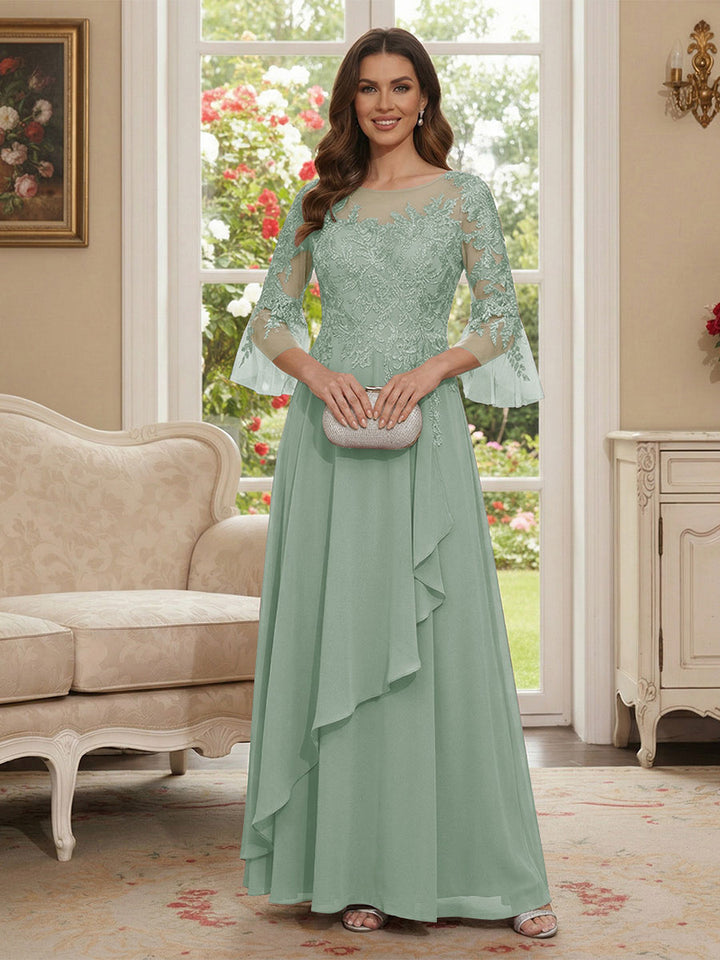 A-Line/Princess V-Neck 3/4 Sleeves Floor-Length Mother of the Bride Dresses with Lace &amp; Applique