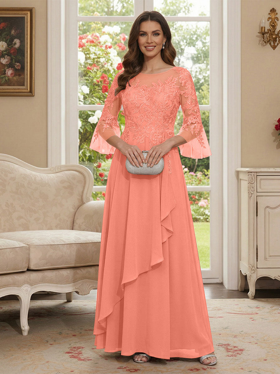 A-Line/Princess V-Neck 3/4 Sleeves Floor-Length Mother of the Bride Dresses with Lace &amp; Applique