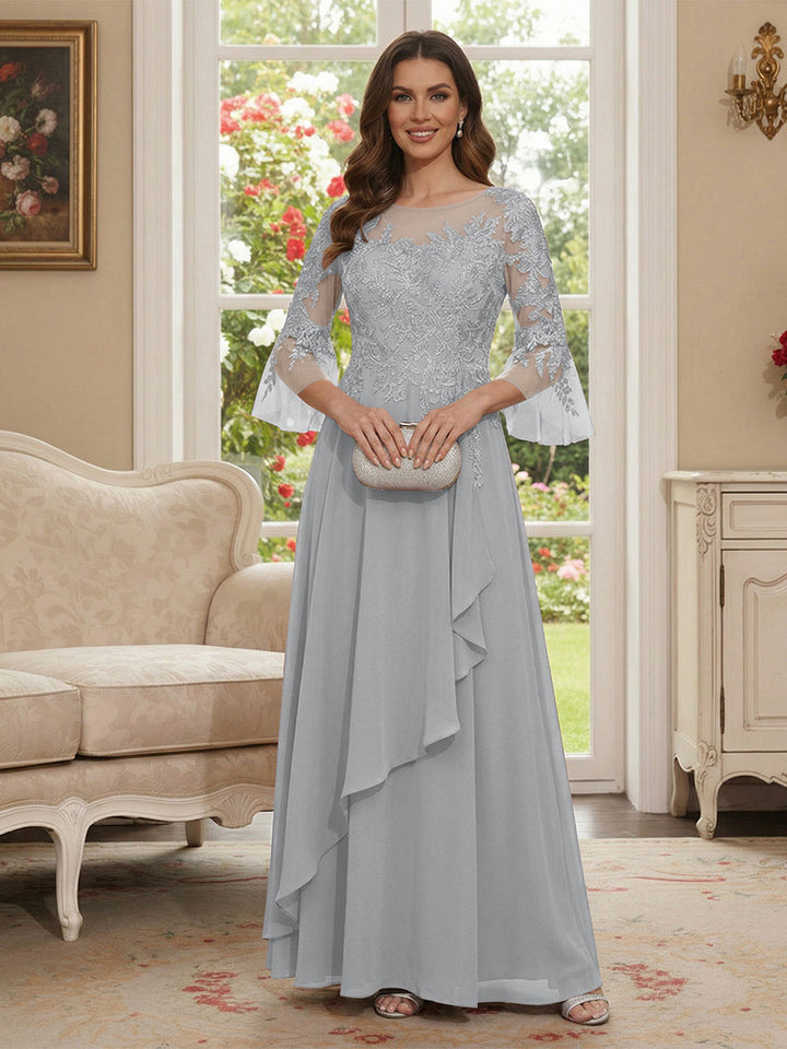 A-Line/Princess V-Neck 3/4 Sleeves Floor-Length Mother of the Bride Dresses with Lace &amp; Applique
