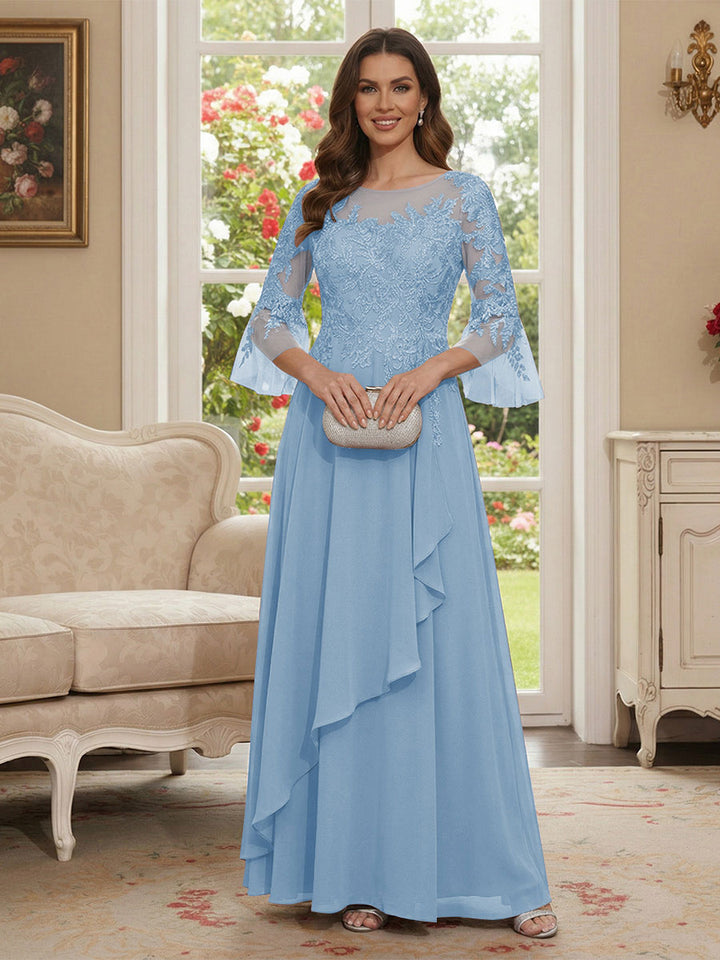 A-Line/Princess V-Neck 3/4 Sleeves Floor-Length Mother of the Bride Dresses with Lace &amp; Applique