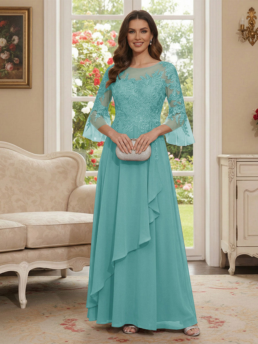A-Line/Princess V-Neck 3/4 Sleeves Floor-Length Mother of the Bride Dresses with Lace &amp; Applique